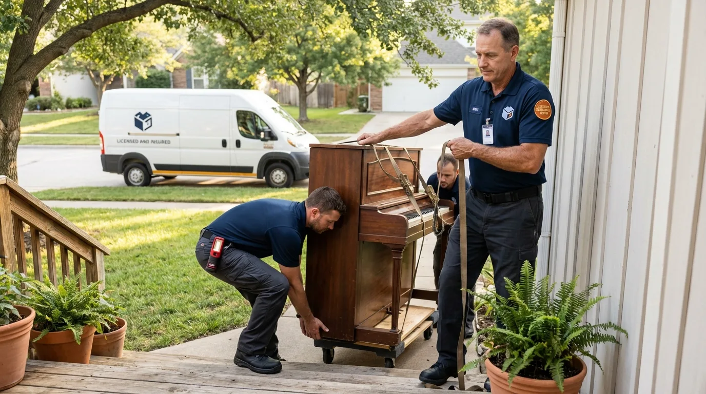 Licensed piano movers securing grand piano in Lake Panasoffkee, FL