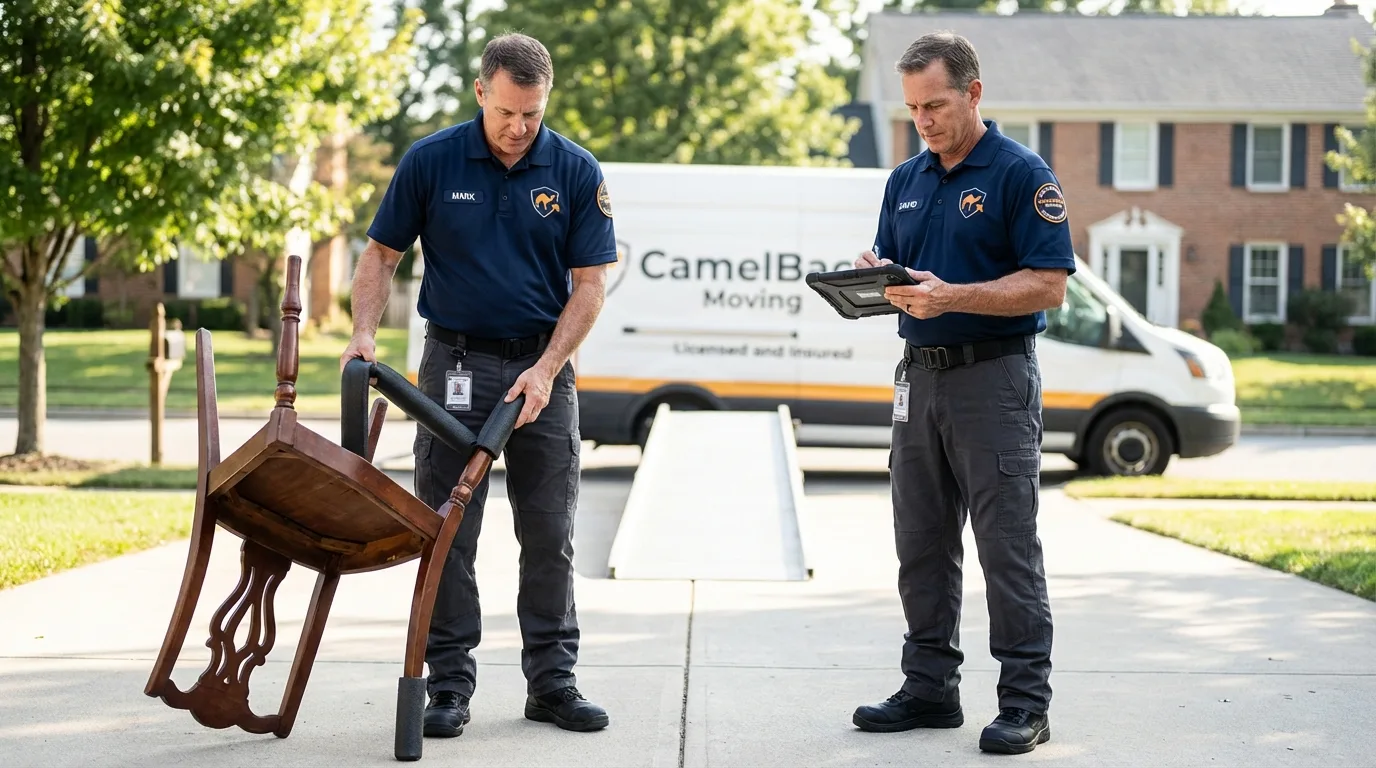 Movers inspecting furniture for damage prevention before loading in Lake Panasoffkee, FL