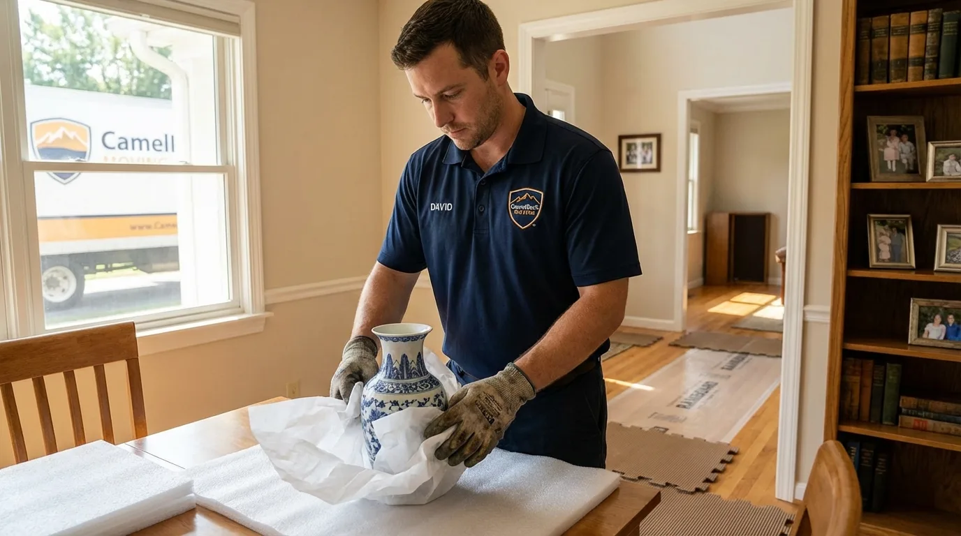 Professional crew carefully wrapping antique vase for senior downsizing move in Lake Panasoffkee, FL